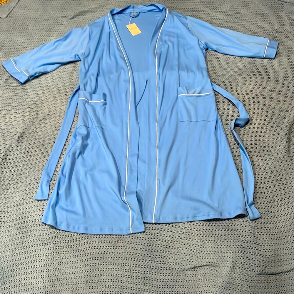 2X Light Blue Long Cotton Bathrobe with 3/4 Sleeves